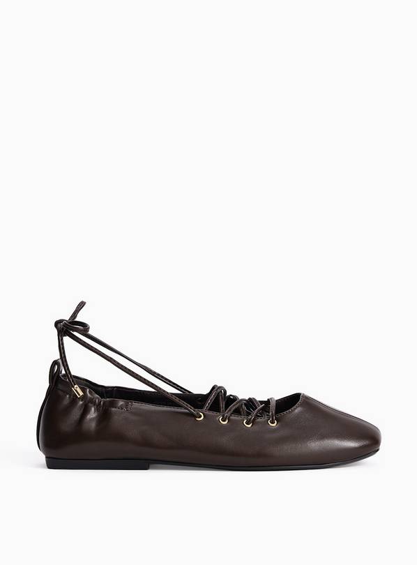 Brown Faux Leather Lace Up Ballerina Shoes 5